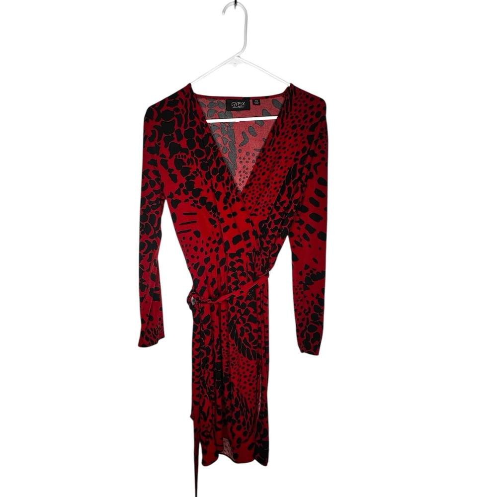 Mara Hoffman Red and Black Leopard Print Long Sleeve Faux Wrap Dress size XXS